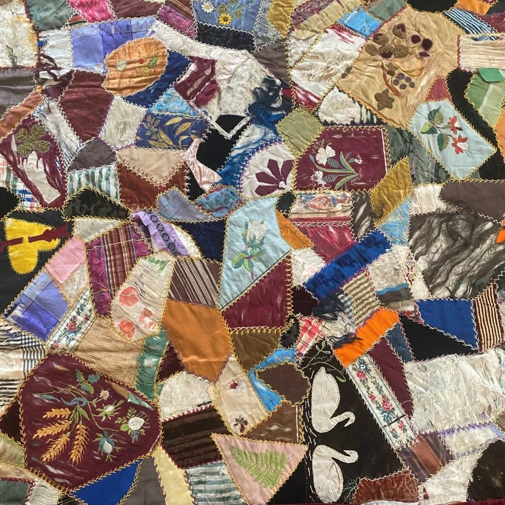 Antique Victorian Crazy Quilt Hand Embroidered Silk Velvet Patchwork Red Damaged